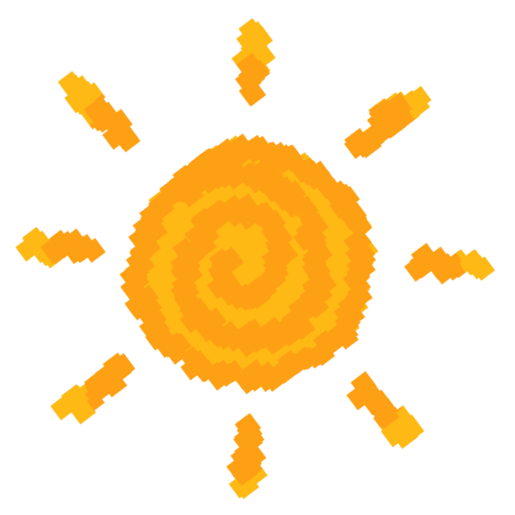  A simplistic drawing of a sun with yellow sun rays and an orange swirl in the middle.